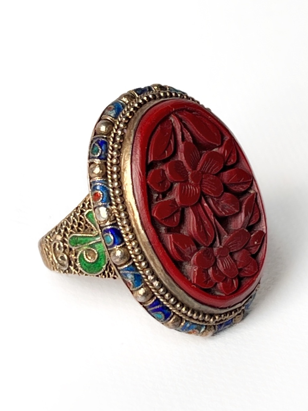 Antique Chinese Cinnabar Ring Carved Floral Silver Gold Gilt Enamel Adjustable